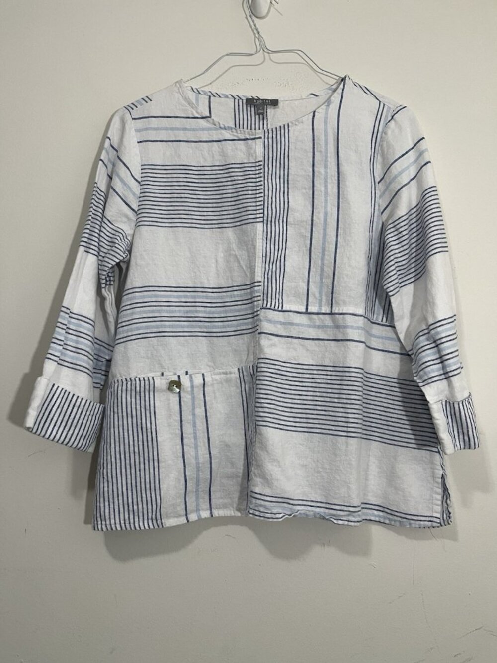 Habitat Linen Cotton Tunic Blouse Top Blue White Striped Boxy Size XS Lagenlook